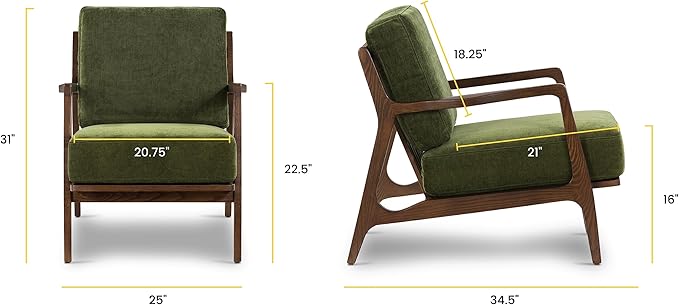 POLY & BARK Verity Fabric Accent Chair – Fabric Armchair with Walnut Wood Frame – Fashion-Forward Lounge Seating for Living Room – Upholstered in Distressed Green Velvet for Modern Style
