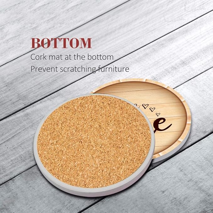 Britimes Coaster for Drinks Set of 6, Wine Stamp Wooden Wood Bottle Absorbent Round Ceramic Stone Mat, with Cork Base and Metal Holder, Gift for Housewarming Room Bar Decor