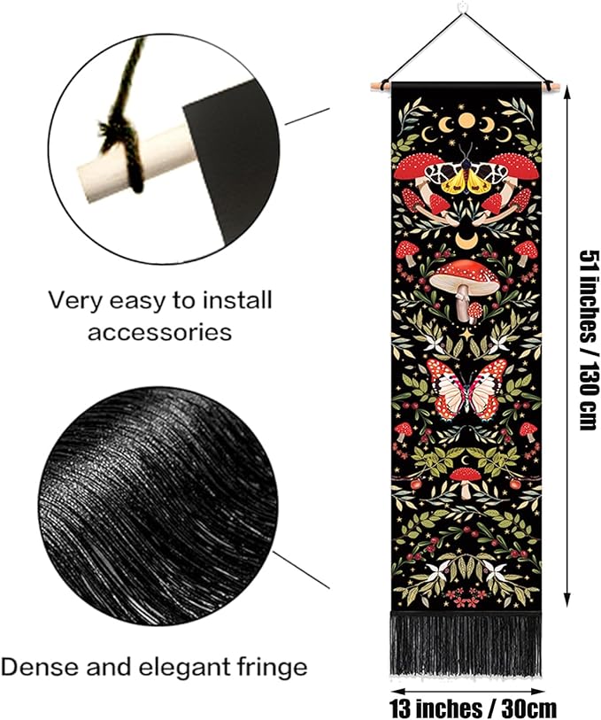 Mystical Long Tapestry Vertical Wall Hanging Cute Botanical Mushroom Moth Butterfly Bohemian Tapestry for Bedroom Aesthetic Moon Phase Plant Wall Tapestries with Tassels Black Room Decor 13x51 Inches