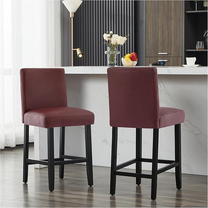 26'' Faux Leather Bar Stools, Modern Upholstered Bar Chairs with Back, Soild Wood Legs Barstools for Kitchen Island, Red