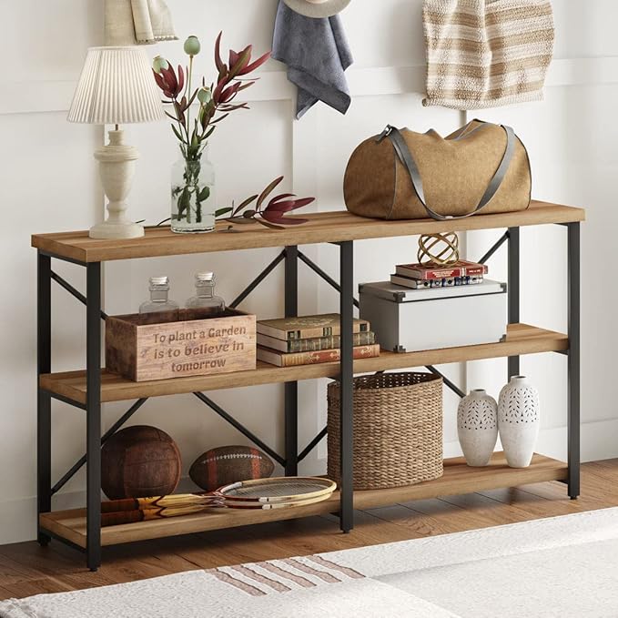 BON AUGURE Console Tables for Entryway, Industrial Sofa Table Behind Couch, 3 Tier Hallway Table for Foyer, Horizontal Bookshelf for Living Room (55 Inch, Vintage Oak)