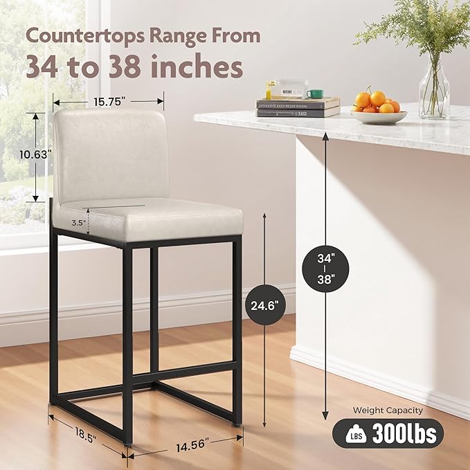 ALPHA HOME 24” Bar Stools Set of 3 Counter Height Bar Stool Pu Leather Kitchen Modern Bar Stools with Backrest Upholstered Footrest Sturdy Chromed Metal Steel Frame,Light Gray