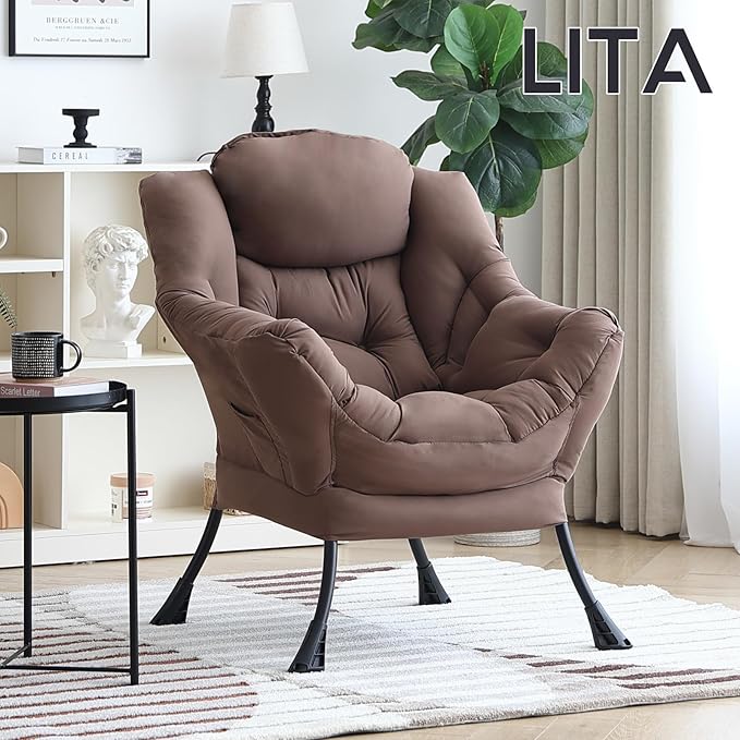 LITA Lazy Chair with Ottoman, Modern Accent Leisure Upholstered Sofa, Contemporary Lounge Reading Chair with Armrests and a Side Pocket for Living Room, Bedroom & Small Space, Single Dark Brown