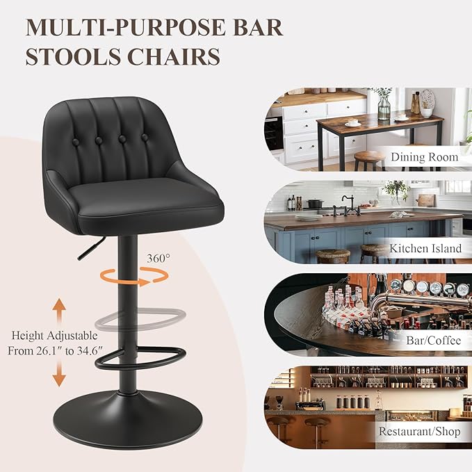 Bar Stools Set of 3, Swivel Bar Chairs, Modern Adjustable PU Leather Upholstered Barstools Counter Height with Tufted Back for Bar, Kitchen Counter Island, Dining Room, Black