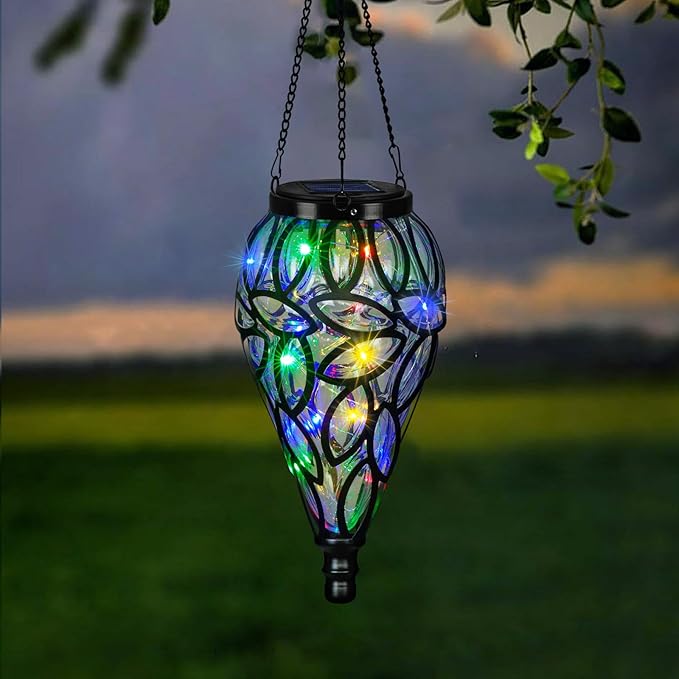 Solar Hanging Lantern Outdoor Lights, Tear-Shaped 15 LEDs Multi-Color Hanging Lights with S Hooks Decor in Garden, Yard, Pathway, Front Door and Landscape