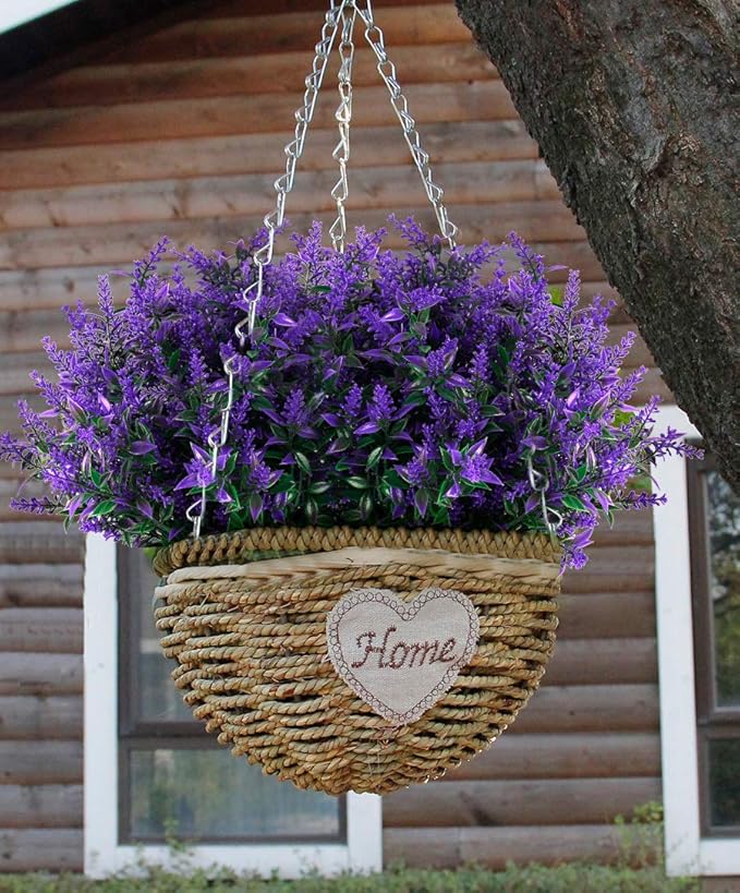 RECUTMS Artificial Greenery Lavender Fake Shrubs Flowers 8 Bundles UV Resistant Hanging Planter Flora Fence Indoor Outside Decor Wedding Table Flowers Arrangement Bouquet Filler (Purple)