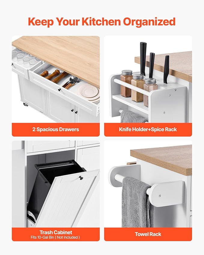 VEVOR Kitchen Island Cart with Storage, 60in Wide Mobile Kitchen Cart with Wheels, Drop Leaf, 2 Drawers, Trash Can Cabinet, Knife Holder, Spice Rack, and Towel Rack, Table for Dining Room, Pantry