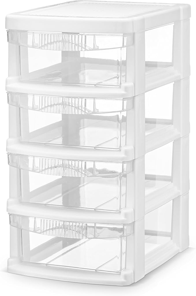 Mini Plastic Stacking Desk Top 4-Drawer Storage Organizer, for Makep Vanity Nail Polish Bathroom Stationery Art Craft Supplies Kitchen Office Garage and Small Organization, Small, White