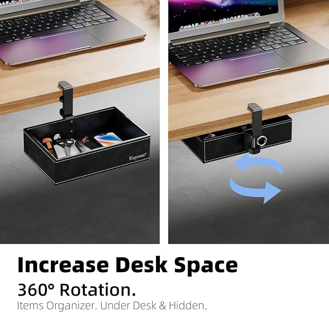 PU Leather Under Desk Organizer with 360° Rotating Clamp – for Computer Accessories, Stationery, Remote Control & Phone Storage, Black