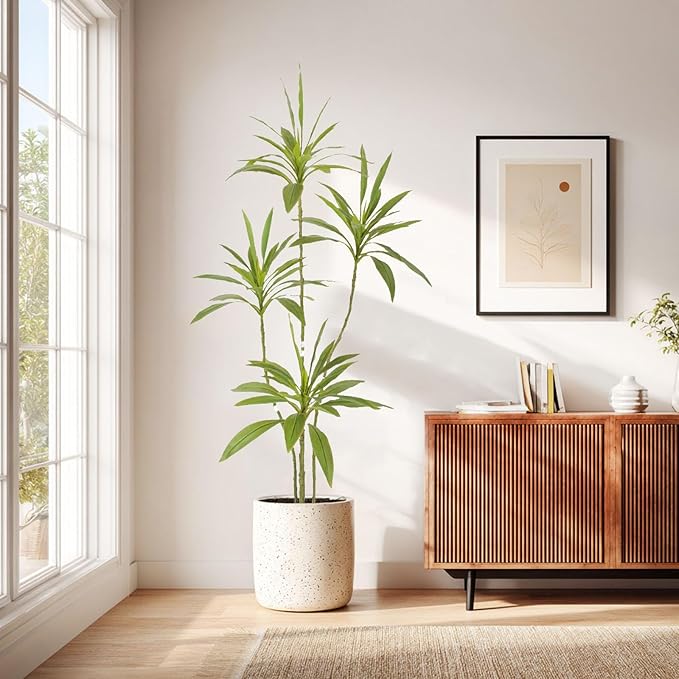 Artificial Cordyline Plant, Indoor Potted Plant, 5 Stems with Black Planter, Suitable for Large Indoor Living Room Decorations, Potted Plants, and Window Display Scenes (Green-5.3ft)