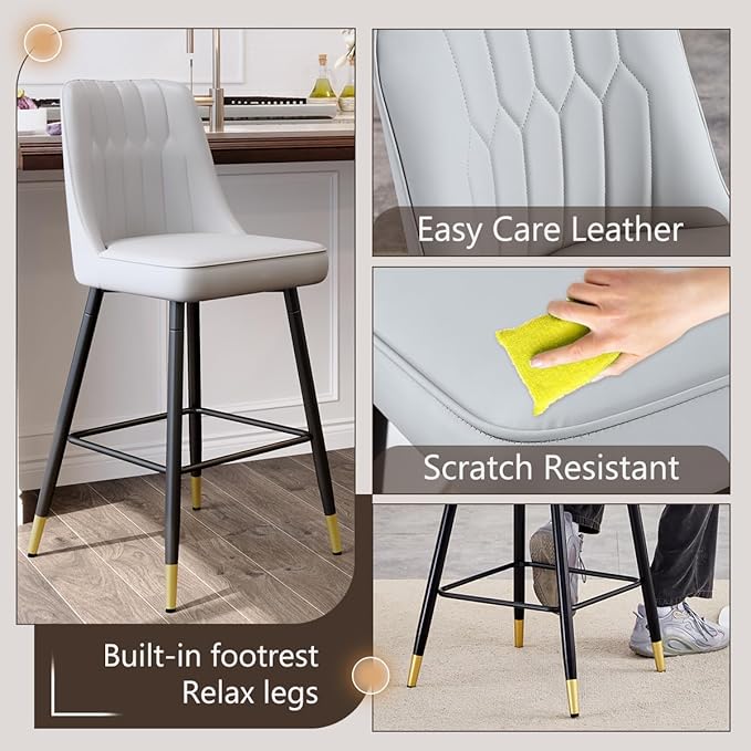 Counter Height Bar Stools Set of 2,Modern Bar Stools Set of 2,Light Grey Faux Leather Barstools with Back and Footrest,27"Bar Chairs for Kitchen Island,Cafe,Pub,Bar,Dining Room,Hold Up to 500 LBS