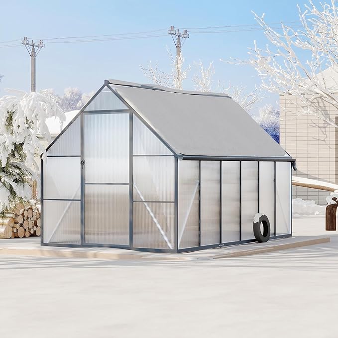 8x14 FT Outdoor Walk in Greenhouse,Polycarbonate Green House Vented Roof Window,Heavy Duty Greenhouse with Aluminum Frame for Backyard Patio Gardening