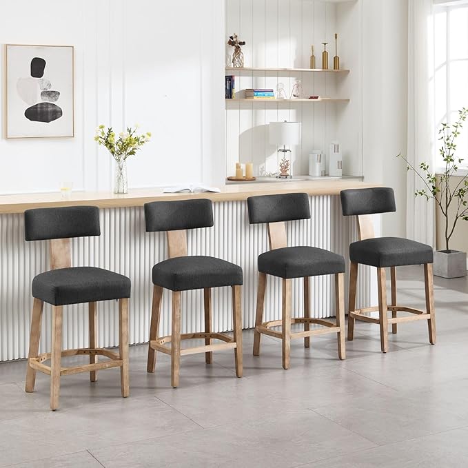 Linen Bar Stools Set of 4, Upholstered 27.7'' Counter Height Barstools with Curved Back, Farmhouse Wood Bar Chairs for Breakfast, Kitchen Island, Cafe, Gray
