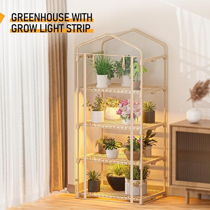 SPECILITE Indoor Greenhouse with Grow Lights - 4 Tiers 27.6"L×19.3"W×61.4"H Outdoor Mini Green House with Zip PVC Cover and Dimmable 45W Full Spectrum Plant Light with Timer for Seed Starting Trays