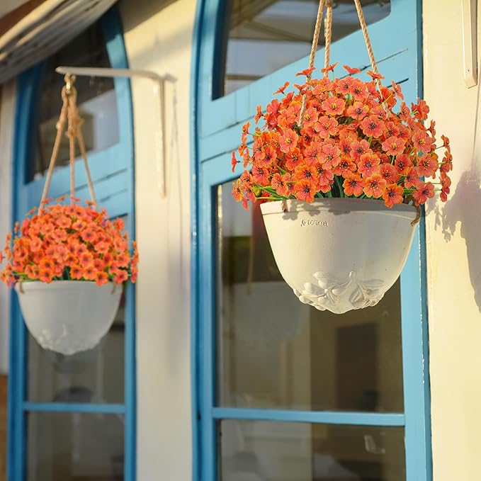 Outdoor Artificial Flowers 21 UV Resistant Bundles Fake Flower Plastic Plants Faux Silk Flowers Porch Hanging Garden Porch Window Box Decorating (Orange)