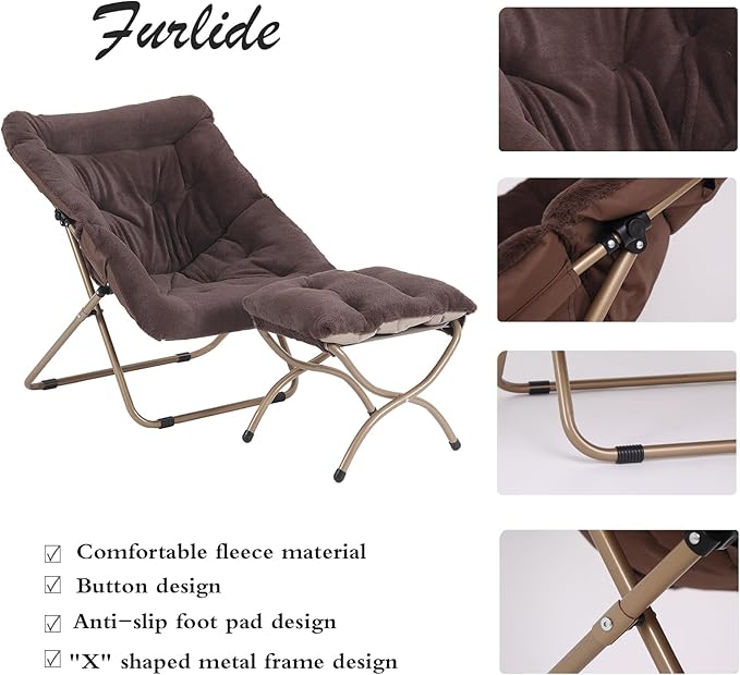 Saucer Chair with Ottoman, Oversized Folding Faux Fur Chair, Foldable Metal Frame Chair for Bedroom, Living Room, Balcony, Patio, Study, Playroom (Coffee)