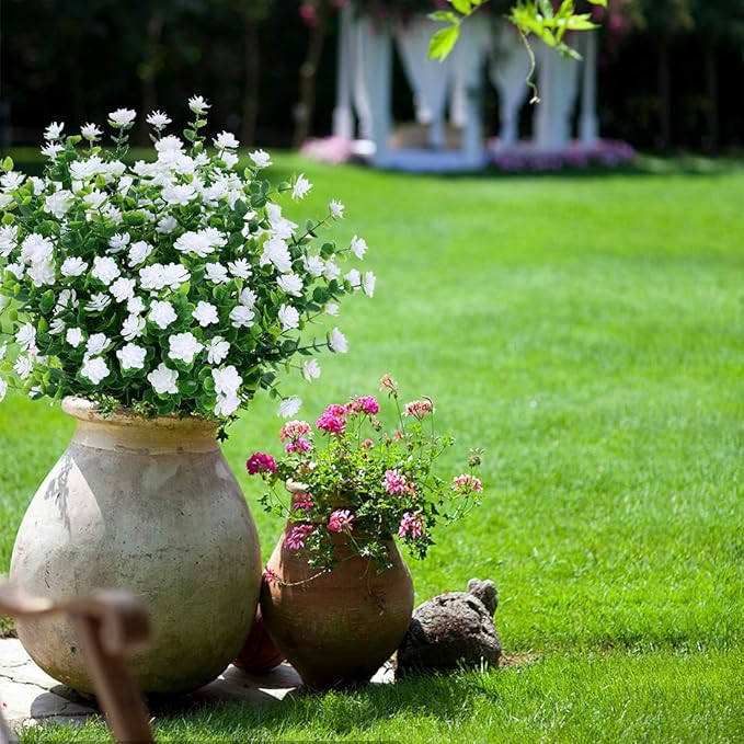 6PCS Artificial Eucalyptus Flowers, Fake Artificial Greenery UV Resistant No Fade Faux Plastic Plants for Wedding Bridal Bouquet Indoor Outdoor Home Garden Kitchen Office Table Vase(White)