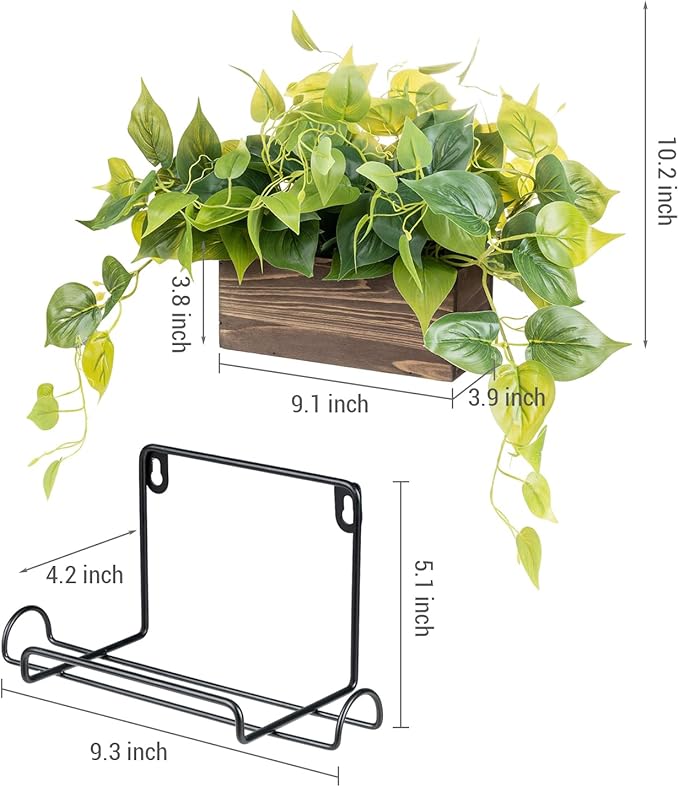 MyGift Vibrant Lifelike Artificial Plant Pothos Leafy Vine Greenery in Burnt Brown Solid Wood Rectangular Planter Box with Black Metal Wire Wall Mounted Shelf