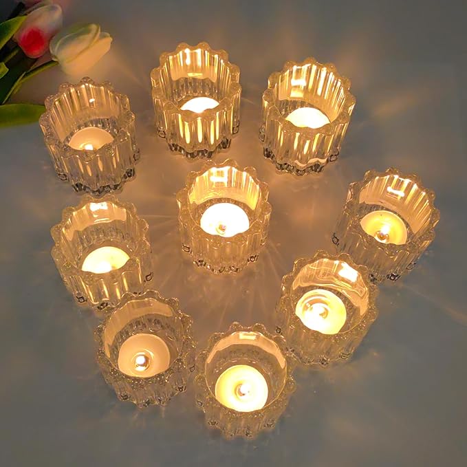 GOLDEAL 12Pcs Clear Glass Votive Candle Holders Tealight Holders Decorative, Tea Candle Holders Bulk,Candlestick for Wedding, Party,Dinner, Home Table Decor.