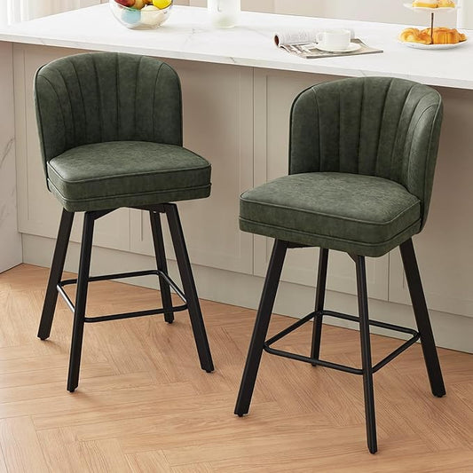 Swivel Counter Height Bar Stools Set of 2, 26'' Modern Barstools with Backs and Metal Legs, Upholstered Bar Chairs, Faux Leather Green Stools for Kitchen Island Chairs