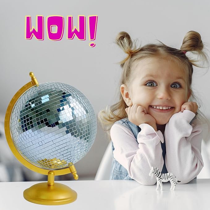 Disco Ball Globe Home Decor Statues Classic Tabletop Art Sculpture with Metal Base Discoball Unique Western Modern Decorative Aesthetic Sculptures, 8.5" x 8" x 12", Bright Gold