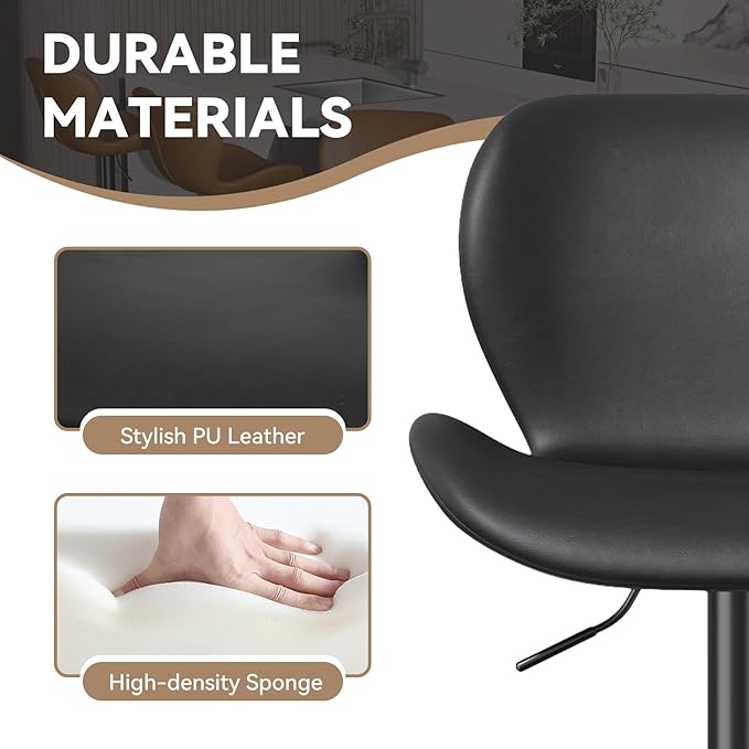 Nalupatio Swivel Bar Stools Set of 2,PU Leather Upholstered Barstools with Back & Footrest, Seat Adjustable Height 22.2-31IN Counter Height Bar Chairs for Bar Kitchen Island,Black