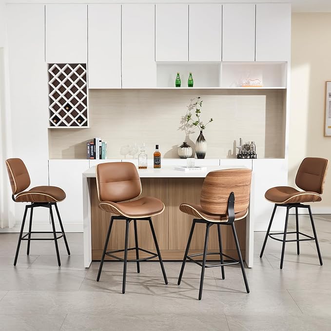 Mid Century Modern Counter Stools Set of 2, 27" Swivel Bar Stools with Metal Legs, Faux Leather Upholstered Bar Chairs with Footrest for Kitchen Island & Dining Tables, Brown
