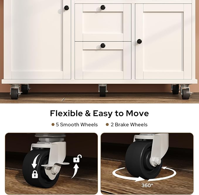 Rolling Kitchen Island with Storage Cabinet, 41.3'' Width Kitchen Cart with Desktop Drop Leaf Countertop, Portable Mobile Kitchen Island with Towel Rack, Spice Rack Shelf and Lockable Wheels, White