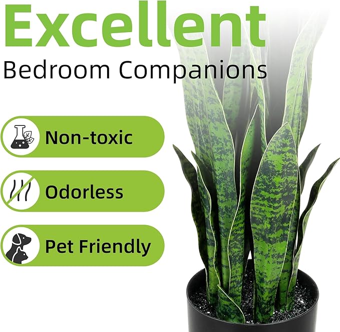 KOL 3ft 2-Pack Artificial Snake Plant - 32 Thick Lifelike Leaves, Faux Silk Sansevieria for Indoor Home & Garden Decor, 35in Potted Fake Mother-in-Law's Tongue Plants, Green