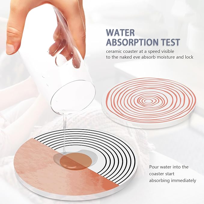 Table Coaster for Drinks Set of 6, Coral Watercolor Series Round Ceramic Coasters,with Cork Base and Metal Holder,Great Housewarming Birthday Gifts,Home Decor