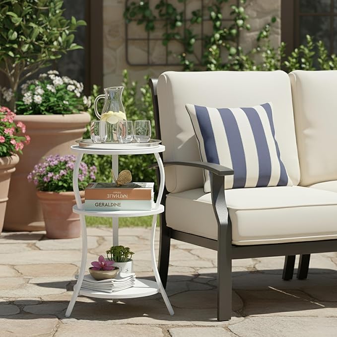 Vintage Small Round Side Table, 3-Tier Slim Waist Circular End Table with Storage Shelf, Compact Tea Sofa Table, Round Corner Coffee Table Nightstand for Living Room Bedroom Small Spaces,White