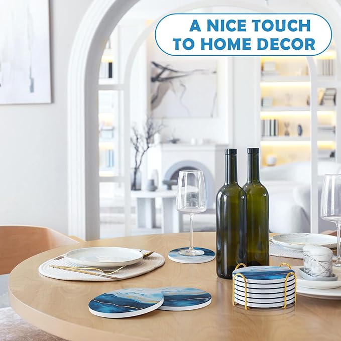 GOH DODD Coasters for Drinks Set of 6, Absorbent Marble Style Ceramic Coaster Tabletop Protection Home Decor with Metal Holder for Coffee Table, Housewarming Gifts Wedding Party, Blue, Round, 4 Inch