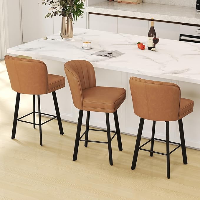 Swivel Counter Height Bar Stools Set of 3, 26'' Modern Barstools with Backs and Metal Legs, Upholstered Bar Chairs, Faux Leather Whiskey Brown Stools for Kitchen Island Chairs