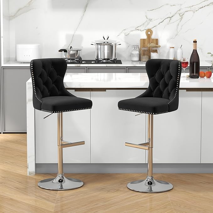 Bar Stools Set of 2, Velvet Swivel Counter Height Stools with Tufted Back, Adjustable Seat with Nailheads Trim, Upholstered Bar Chairs with Steel Base for Kitchen Island, Pub, Black