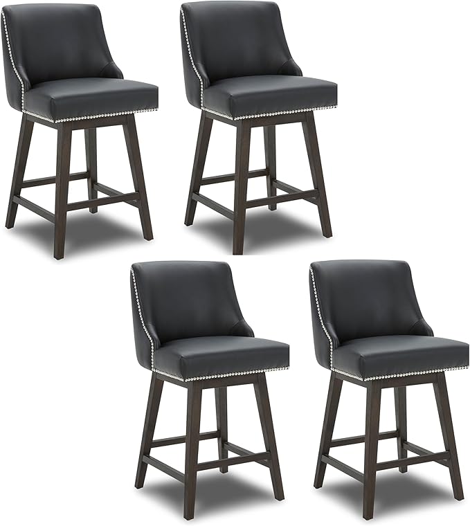 CHITA Counter Height Swivel Bar Stools Set of 4, FSC Certified Upholstered Counter Stools, Modern Swivel Barstools with Wood Legs for Kitchen Island, 26" Seat Height, Faux Leather in Black