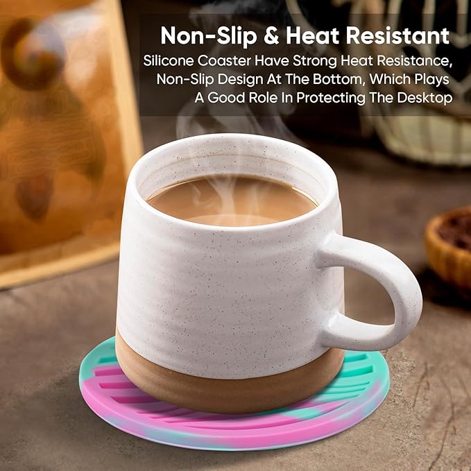 6 Pack Drink Coasters,Plastic Coaster with Holder,Non-Slip Silicone Cup Mat,Rubber Coasters Live for Hot or Cold Drink,Fits Any Size of Cups(Green Pink)