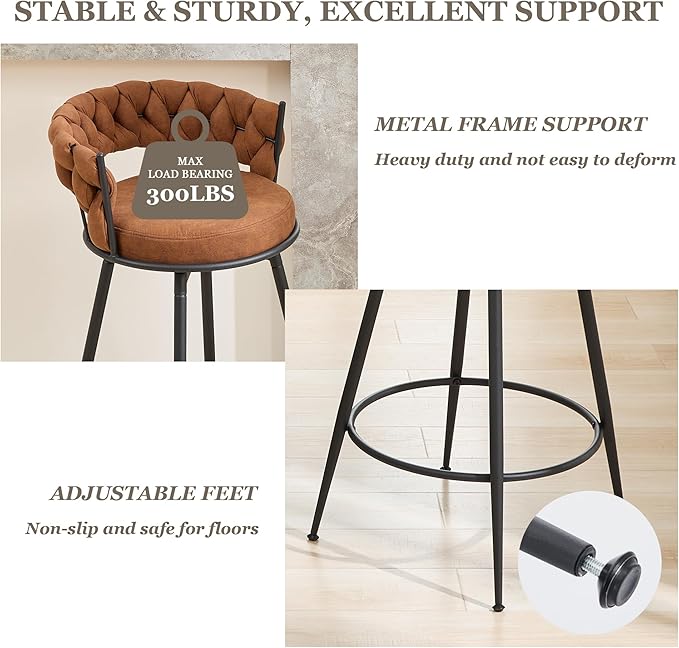 Brown Bar Stools Set of 3, 28 Inch Barstool with Metal Legs, 360° Swivel Counter Height Bar Stools with Woven Back Leather Upholstered, Modern Chair for Kitchen Island, Cafe