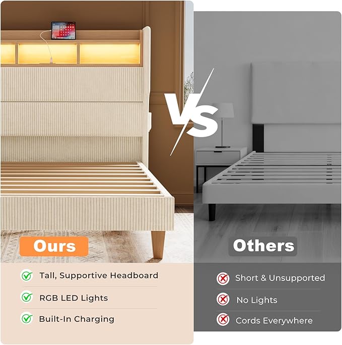 Full Size Bed Frame with 51" Tall Corduroy Wingback Headboard and Storage Shelf, Upholstered Platform Bed with LED Lights & Charging Station, No Box Spring Needed, Easy Assembly, Cream