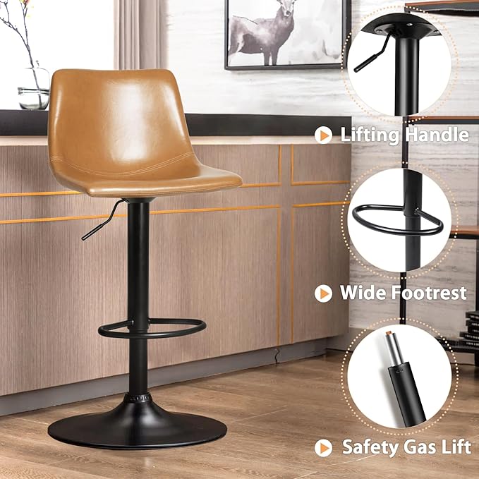 LEMBERI Bar Stools Set of 2, Modern Swivel Barstools Counter Height with Backrest, Faux Leather Upholstered Bar Chairs for Kitchen Island, Whisky