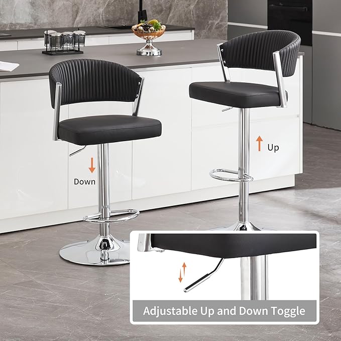 Bar Stools Set of 2, Adjustable Swivel Counter Height Bar Stools with Back and Footrest, PU Leather Bar Chairs for Kitchen Dining Room - Black