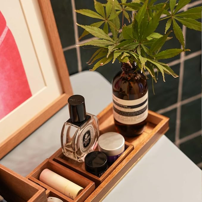 Wood Vanity Tray, 6-Piece Small Bathroom Counter Organizer Wooden Decorative Trays Rectangular Perfume Jewelry Makeup Cosmetic Holder Set - Holds Small Items