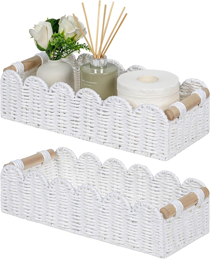 CubesLand Scalloped Edge Decor Basket for Living Room, Home, Bathroom, 2SAME SIZE Paper Rope Basket, Toilet Storage Baskets for Over Toilet Storage Shelf, Cozy Woven Baskets Both Storage&Decor, White