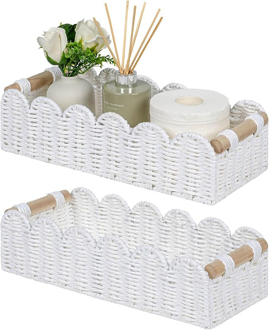 CubesLand Scalloped Edge Decor Basket for Living Room, Home, Bathroom, 2SAME SIZE Paper Rope Basket, Toilet Storage Baskets for Over Toilet Storage Shelf, Cozy Woven Baskets Both Storage&Decor, White