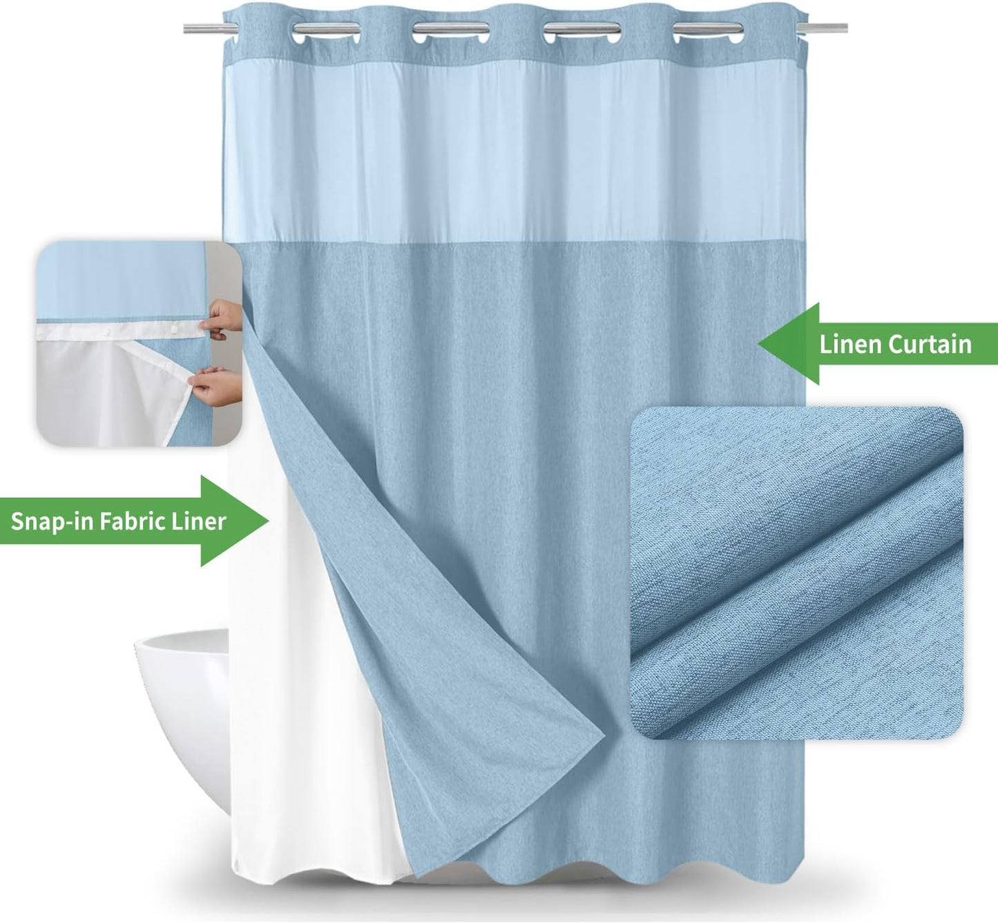 No Hooks Needed Linen Textured Shower Curtain with Snap-in Fabric Liner Set,Hotel Luxury Decor Waterproof Shower Curtains for Bathroom with Mesh Top Window,Washable,71Wx74H,Fog Blue