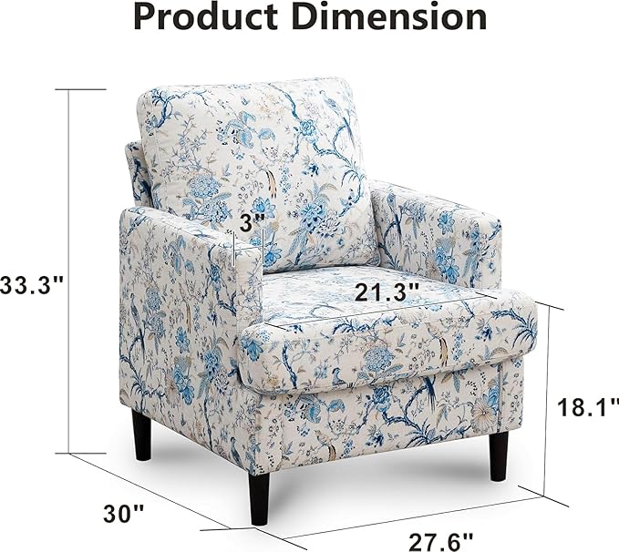 Mid-Century Accent Chair,Modern Linen Fabric Armchair for Living Room,Comfy Upholstered Reading Accent Chairs for Bedroom,Single Sofa Chair with Wood Legs (Blue Flowered Bird, 1 Pack)
