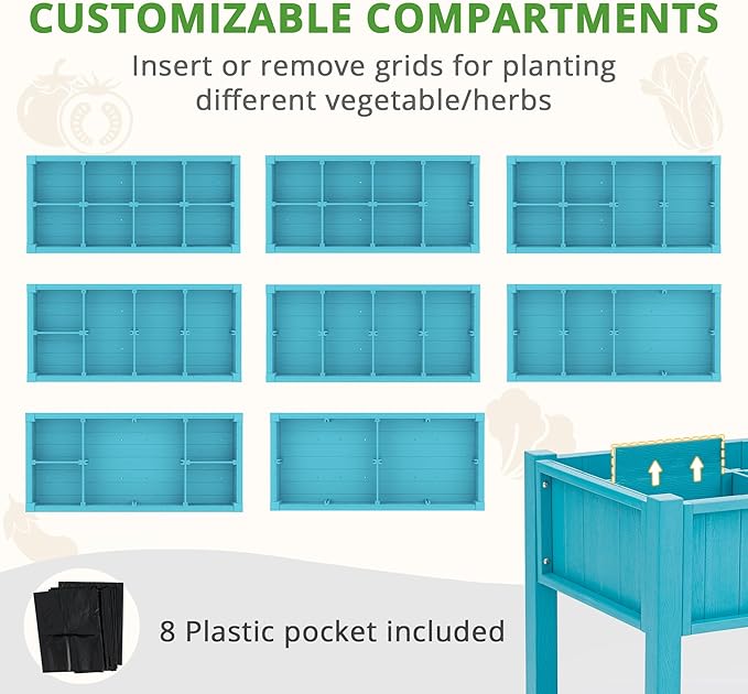 LUE BONA Elevated Planter Box with Legs and Shelf, 47 * 21 * 30in, 8 DIY Pocket HDPS Raised Garden Bed with Tools, 3-Year Warranty, No Crack, Large Outdoor Herb Raised Beds for Gardening Vegetables