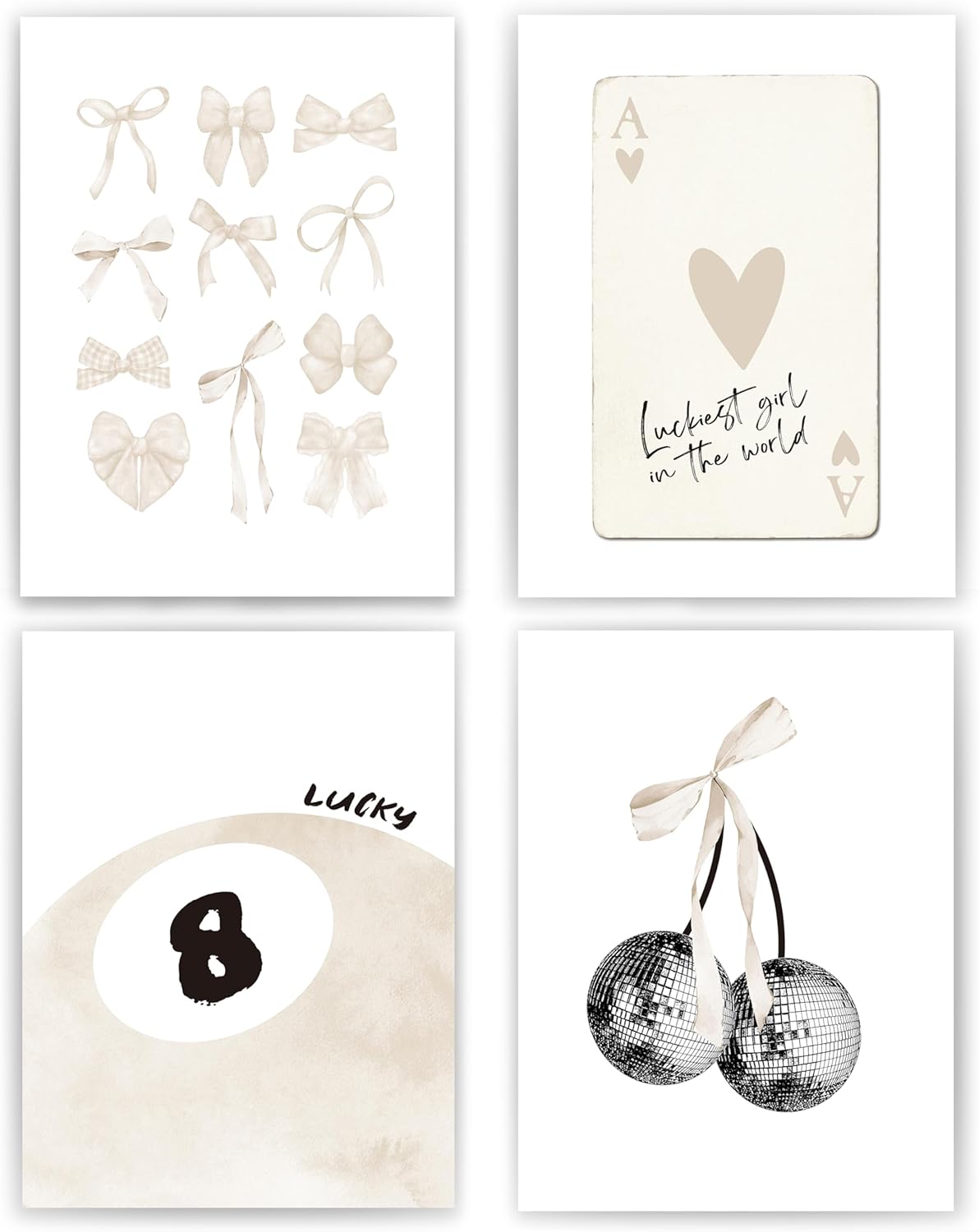 Beige Coquette Trendy Preppy Wall Art Prints Set of 4,Coquette Room Decor, Preppy Room Decor Aesthetic,Beige Bow Disco 8 Ball Cherry Wall Decor Posters for Girls Bedroom Dorm, 12x16 Unframed