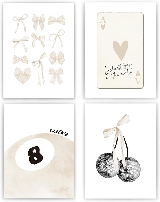 Beige Coquette Trendy Preppy Wall Art Prints Set of 4,Coquette Room Decor, Preppy Room Decor Aesthetic,Beige Bow Disco 8 Ball Cherry Wall Decor Posters for Girls Bedroom Dorm, 12x16 Unframed