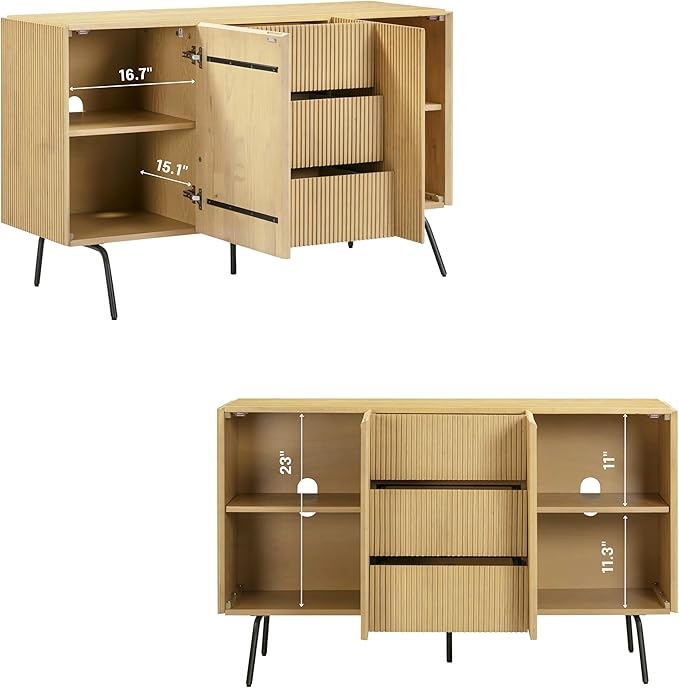 NTC Veil Sideboard with 2 Doors and 3 Drawers, Buffet Cabinet with Vertical Groove Design and Metal Legs, Storage Cabinet for Living Room, and Entryway, Effortless Assembly, Sand