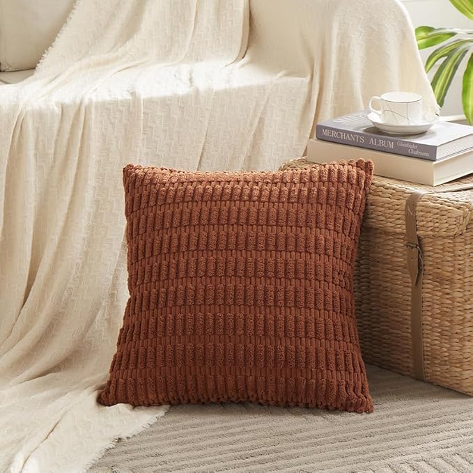 Fancy Homi 4 Packs Rust Decorative Throw Pillow Covers 20x20 Inch for Living Room Couch Bed Sofa, Terracotta Rustic Farmhouse Boho Home Decor, Soft Plush Striped Corduroy Square Cushion Case 50x50 cm